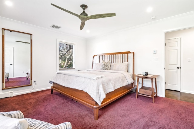 bedroom with dark carpet, ceiling fan, and ornamental molding