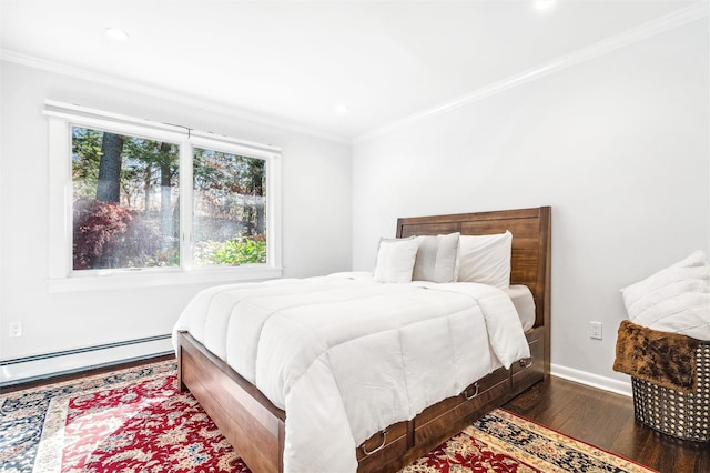 bedroom featuring a baseboard radiator, dark hardwood / wood-style floors, and ornamental molding