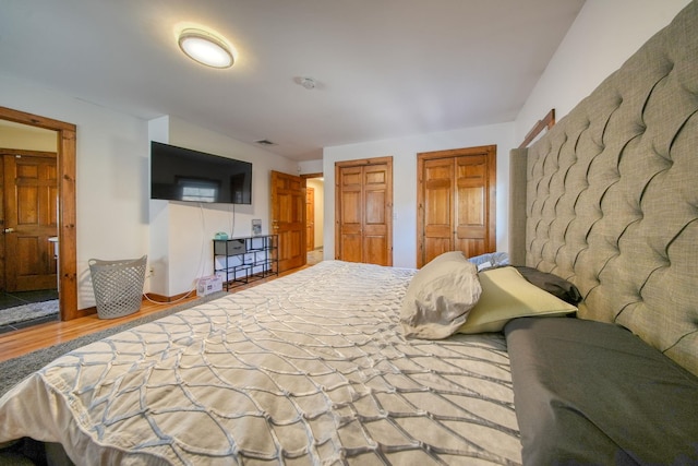 bedroom featuring two closets and hardwood / wood-style flooring