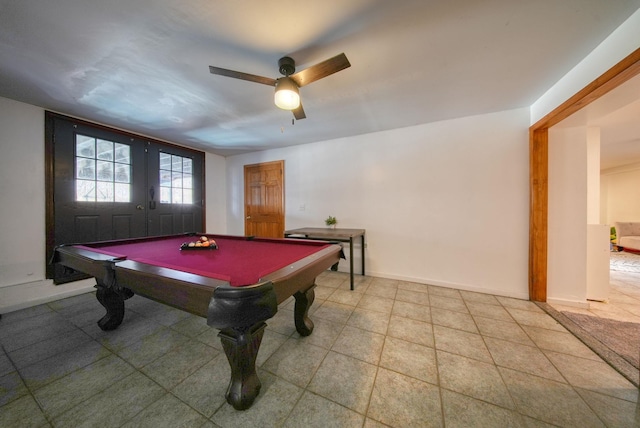 playroom with ceiling fan and billiards