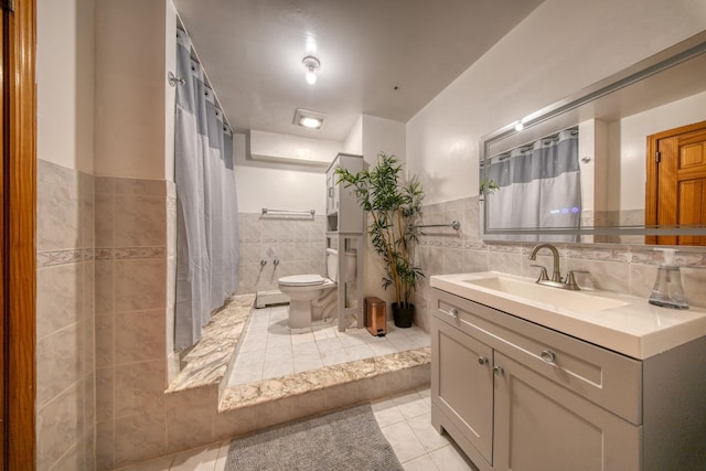 bathroom featuring tile patterned floors, walk in shower, vanity, tile walls, and toilet