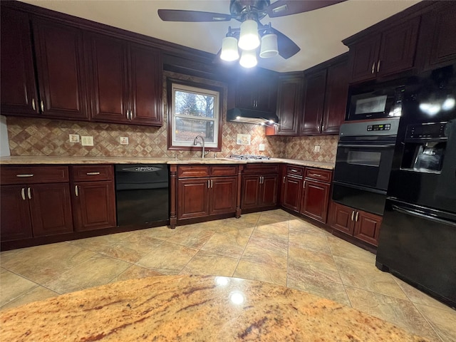 kitchen with black appliances, ceiling fan, decorative backsplash, and sink