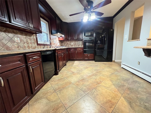 kitchen with black appliances, ceiling fan, sink, and backsplash