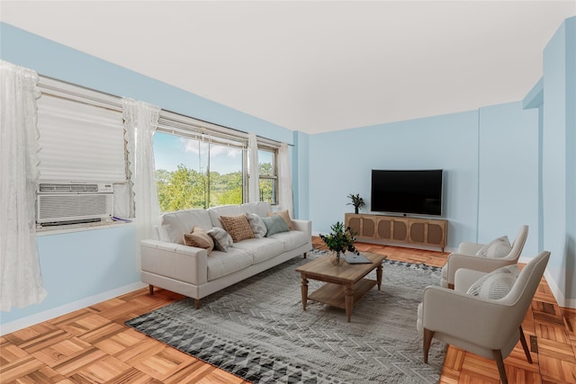 living room featuring cooling unit and light parquet floors