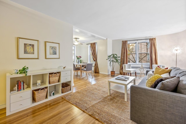 living room with ceiling fan and light hardwood / wood-style flooring