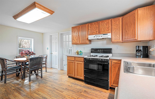 kitchen featuring black gas range, light hardwood / wood-style flooring, and sink