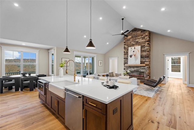 kitchen with a wealth of natural light, light wood-type flooring, sink, and appliances with stainless steel finishes