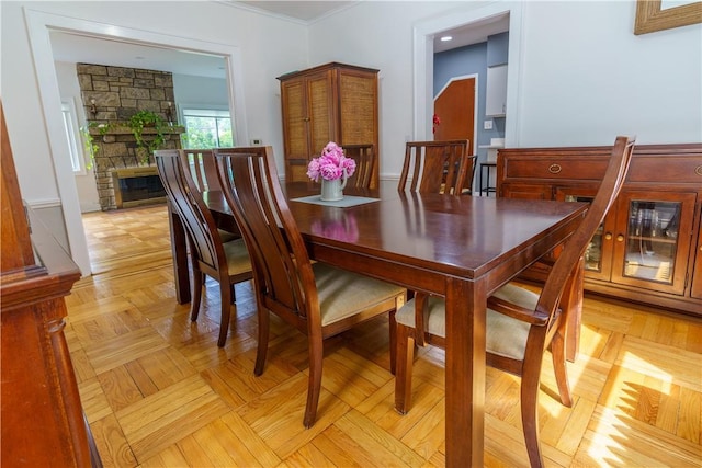 dining area with light parquet floors