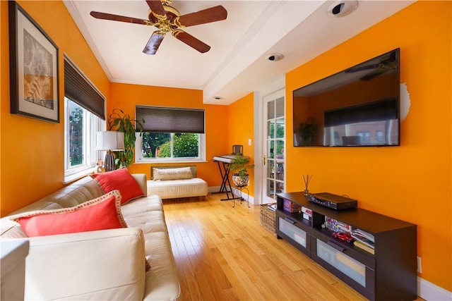 living room featuring ceiling fan, ornamental molding, and light hardwood / wood-style flooring