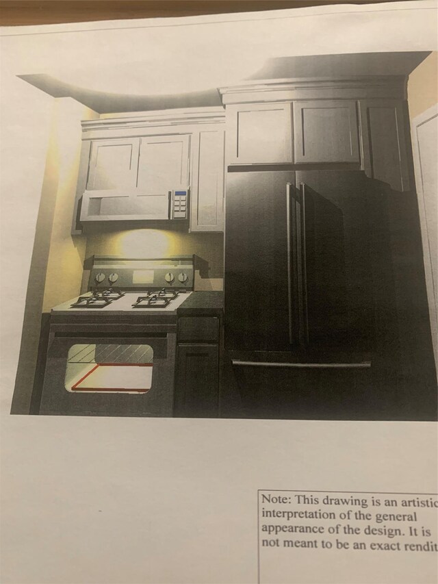 615 Broadway Unit 81, Amityville, NY 11701 - kitchen with gas range oven, exhaust hood, freestanding refrigerator, and dark countertops