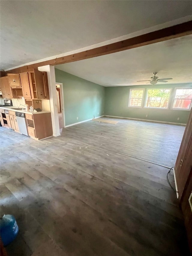 unfurnished living room with hardwood / wood-style floors, vaulted ceiling with beams, and ceiling fan