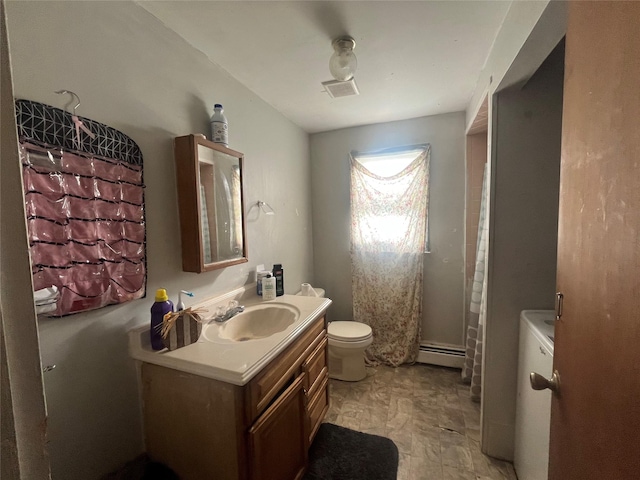 bathroom with vanity, curtained shower, toilet, and a baseboard radiator