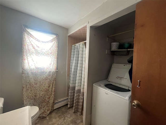 clothes washing area featuring washer / dryer and a baseboard radiator