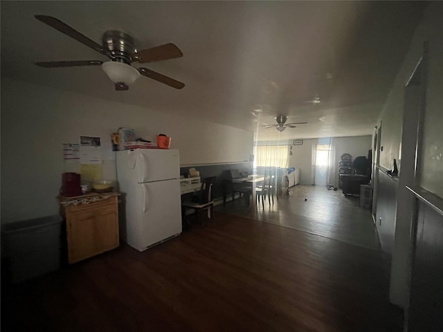 kitchen featuring white fridge, ceiling fan, and dark wood-type flooring