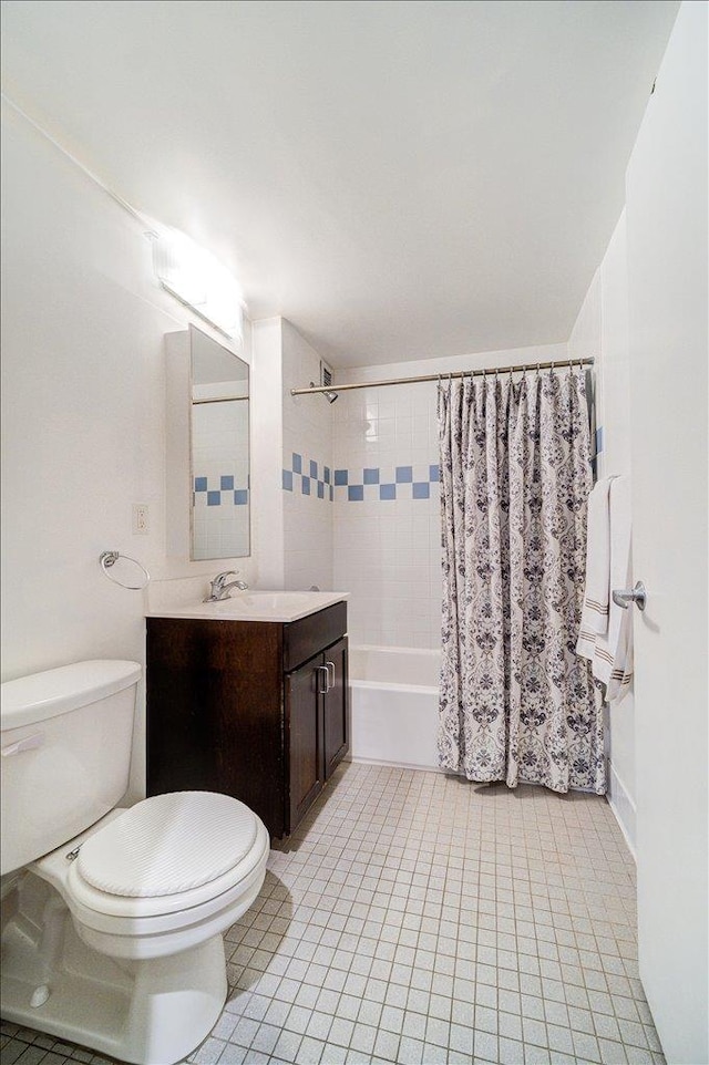 full bathroom with toilet, tile patterned flooring, shower / bathtub combination with curtain, and vanity