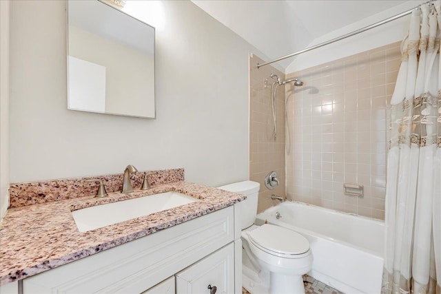 full bathroom featuring toilet, vanity, and shower / tub combo with curtain