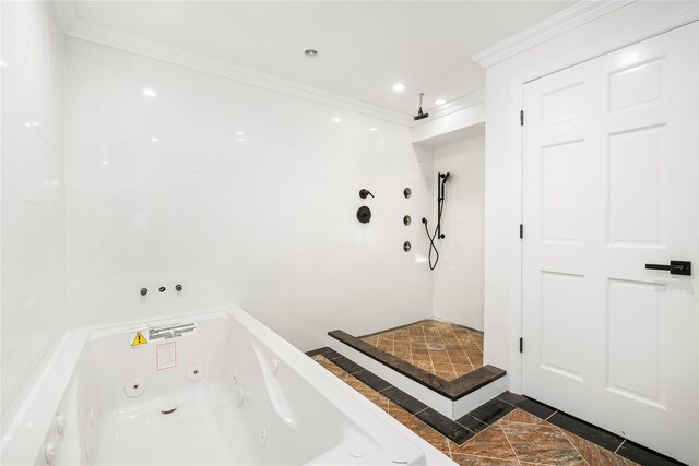 bathroom featuring a shower, tile patterned floors, and ornamental molding