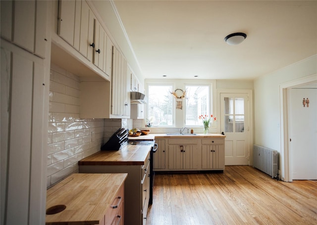 19-21 Moore Ave, Chatham, NY 12037 - kitchen with radiator, butcher block counters, under cabinet range hood, range with electric stovetop, and backsplash