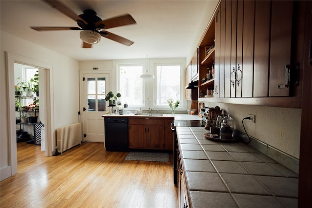 19-21 Moore Ave, Chatham, NY 12037 - kitchen featuring tile countertops, radiator, dishwasher, a sink, and light wood finished floors