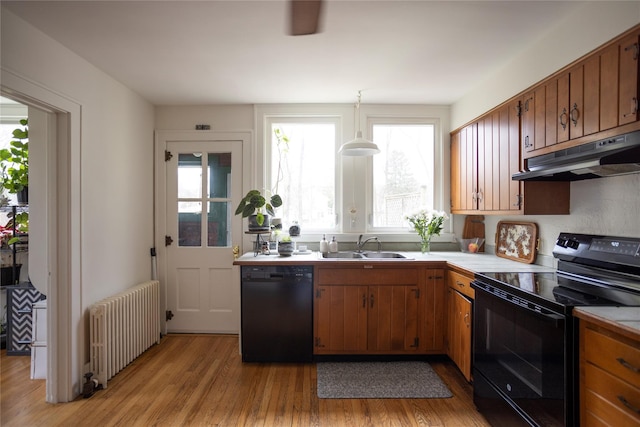 19-21 Moore Ave, Chatham, NY 12037 - kitchen featuring black appliances, radiator heating unit, under cabinet range hood, a sink, and light wood finished floors