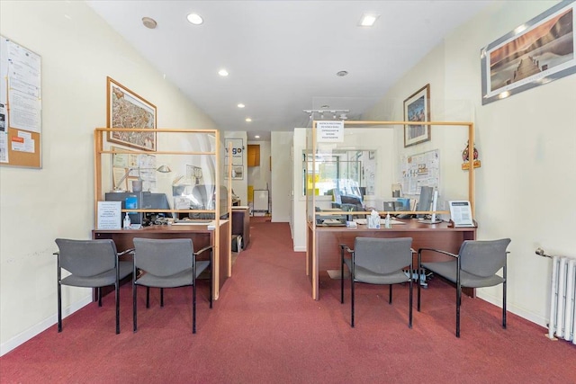 home office featuring radiator heating unit and carpet floors