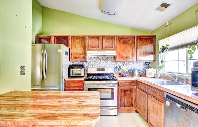 kitchen featuring backsplash, sink, vaulted ceiling, and appliances with stainless steel finishes