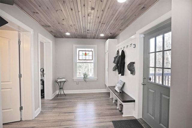 mudroom featuring hardwood / wood-style floors and wood ceiling