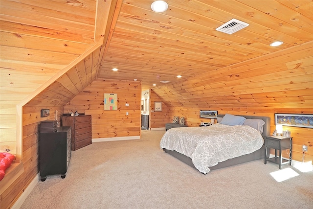 bedroom featuring wood walls, carpet floors, and wood ceiling