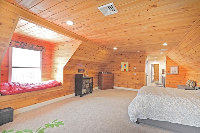 carpeted bedroom featuring wood walls, wood ceiling, and vaulted ceiling