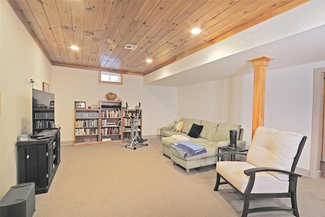 interior space with wooden ceiling, carpet floors, and decorative columns