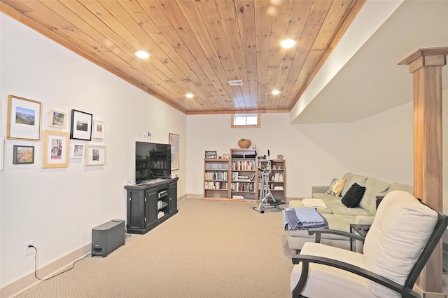 living room with carpet flooring and wood ceiling