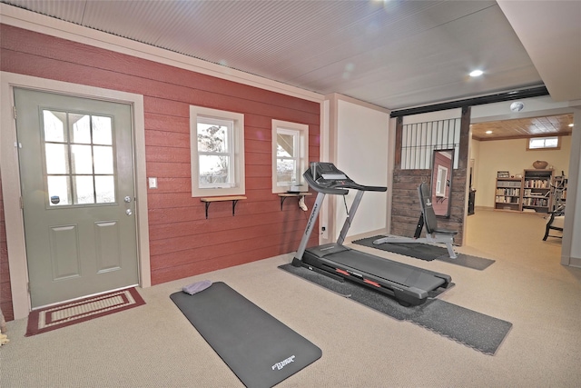 workout room featuring wooden walls and carpet