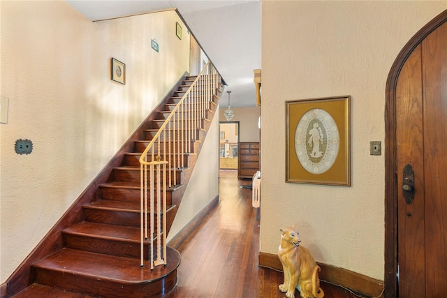 stairs with hardwood / wood-style flooring