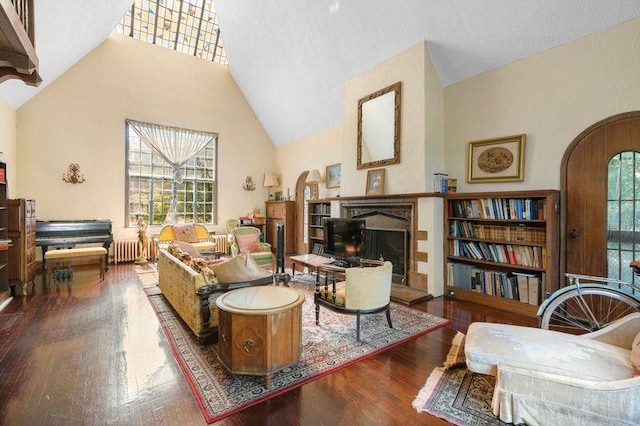 sitting room featuring a healthy amount of sunlight, dark hardwood / wood-style flooring, radiator heating unit, and high vaulted ceiling