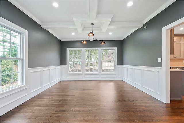 unfurnished dining area featuring dark wood-style flooring, beamed ceiling, coffered ceiling, and recessed lighting