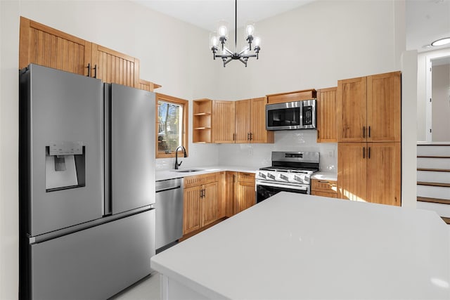 kitchen with sink, stainless steel appliances, an inviting chandelier, decorative light fixtures, and decorative backsplash