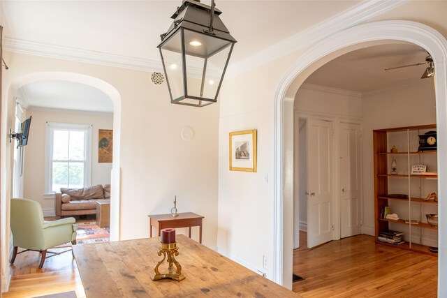 dining space featuring ceiling fan, light hardwood / wood-style flooring, and ornamental molding