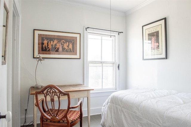 bedroom with multiple windows and ornamental molding