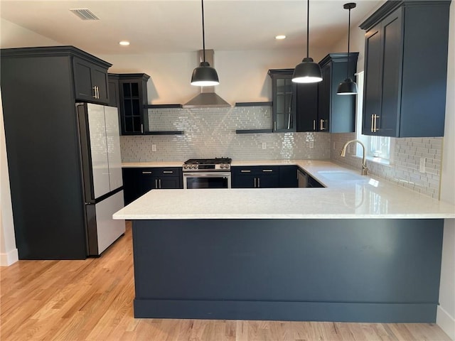 kitchen with backsplash, sink, light wood-type flooring, decorative light fixtures, and stainless steel appliances