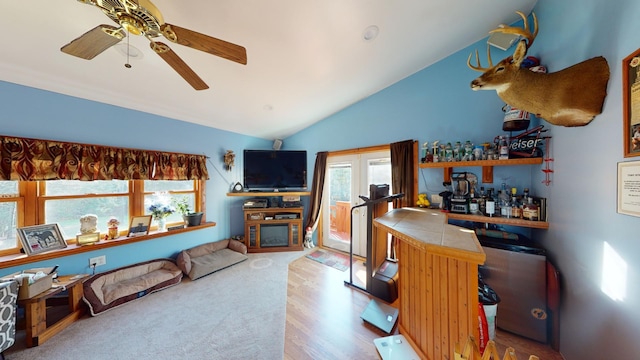 interior space with tile counters, light wood-type flooring, a wealth of natural light, and vaulted ceiling