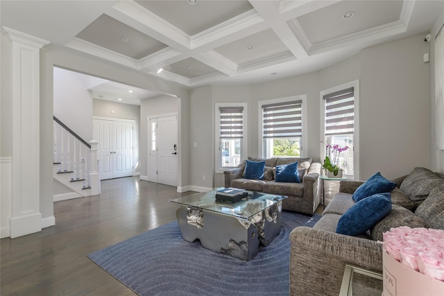 living room featuring beam ceiling, coffered ceiling, dark hardwood / wood-style floors, and ornamental molding