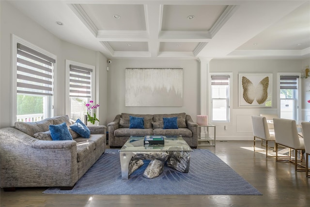 living room with beamed ceiling, plenty of natural light, dark hardwood / wood-style floors, and coffered ceiling