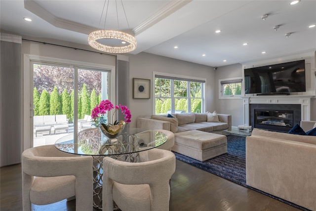 interior space with a raised ceiling, dark hardwood / wood-style flooring, crown molding, and plenty of natural light