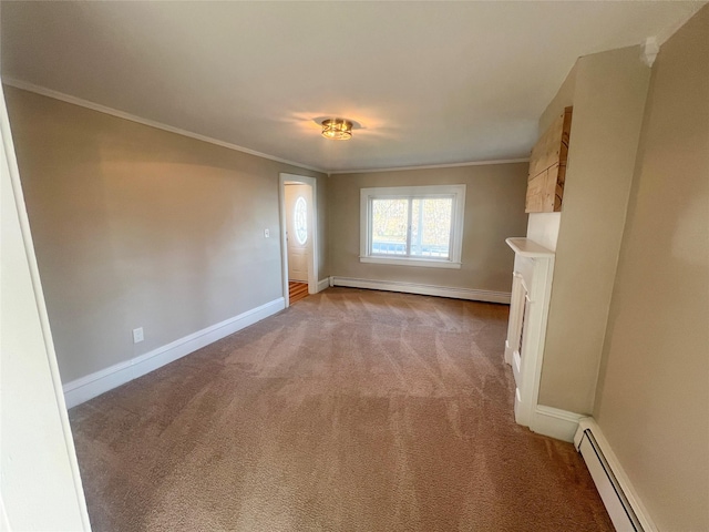 unfurnished living room with light colored carpet, ornamental molding, and baseboard heating