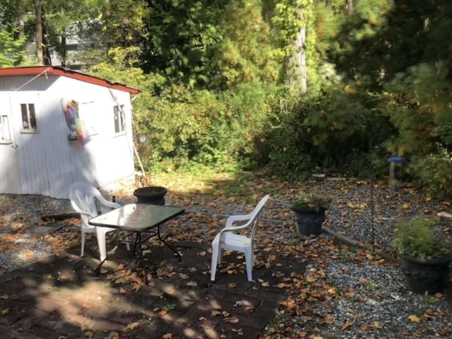 view of yard featuring a storage unit and a patio area