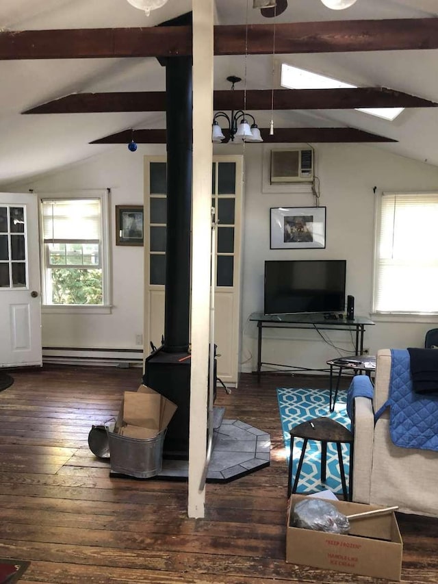 living room featuring an AC wall unit, lofted ceiling with beams, dark hardwood / wood-style floors, and baseboard heating