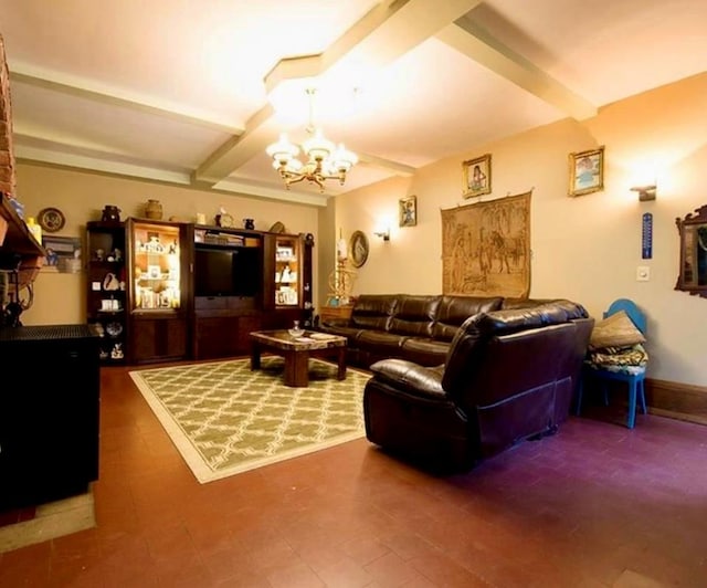 living room featuring beam ceiling and a notable chandelier