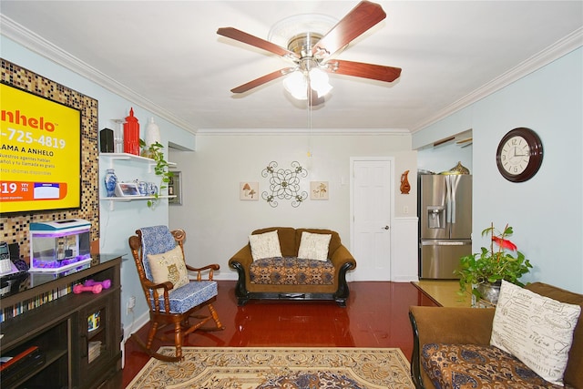 living room with ceiling fan, ornamental molding, and dark wood-type flooring