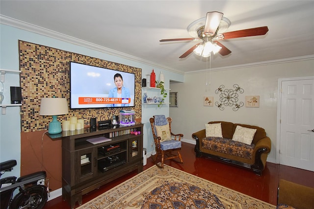 living room with crown molding and ceiling fan