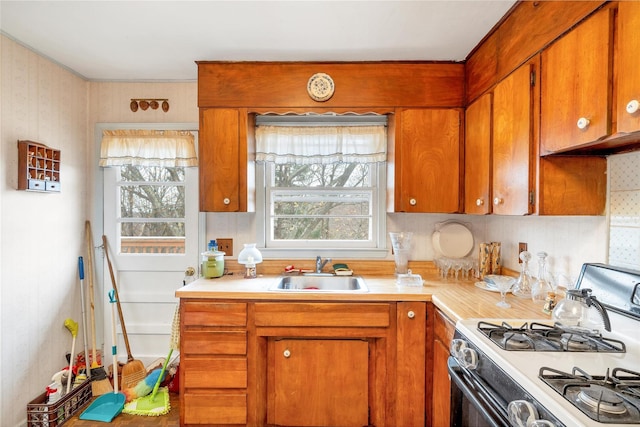 kitchen with a healthy amount of sunlight, white range with gas stovetop, sink, and tasteful backsplash